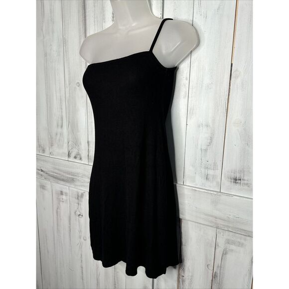 JOAH BROWN BLACK RIBBED KNIT ONE SHOULDER STRETCH MINI SIDE SLIT SLIP DRESS S/M - Picture 4 of 13